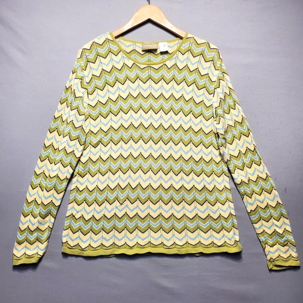 VTG Liz Claiborne Lizwear Chevron Sweater Women L Green Open Knit Boho Retro Y2K